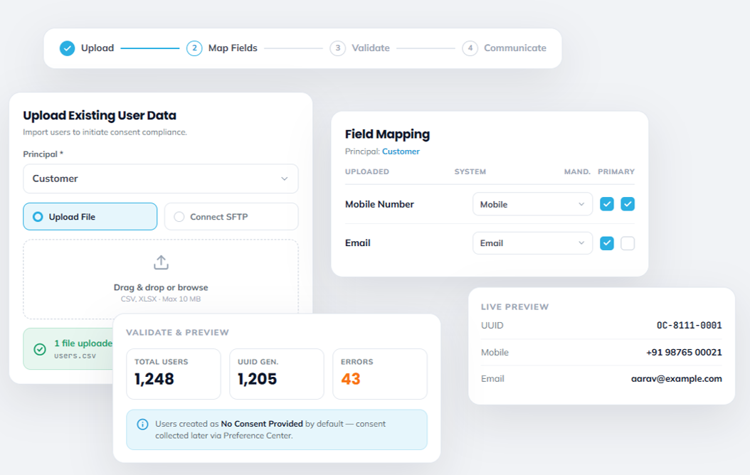 Legacy data migration wizard showing upload, field mapping and validation preview